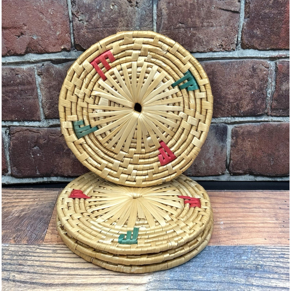 Vintage Wicker Coaster Set 4 Woven Rattan Straw Pot Pan Trivets‎ 6.75"